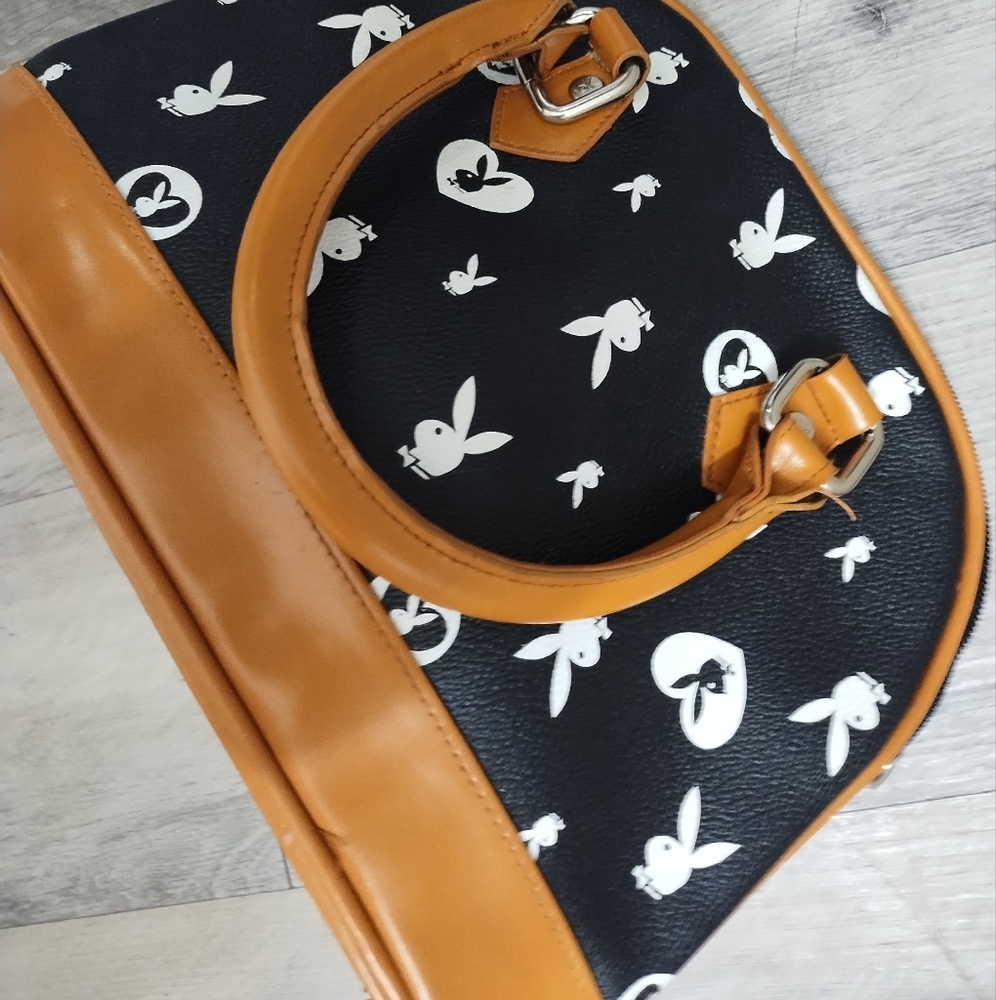 PLAYBOY Black & Tan Satchel with Bunny Print
